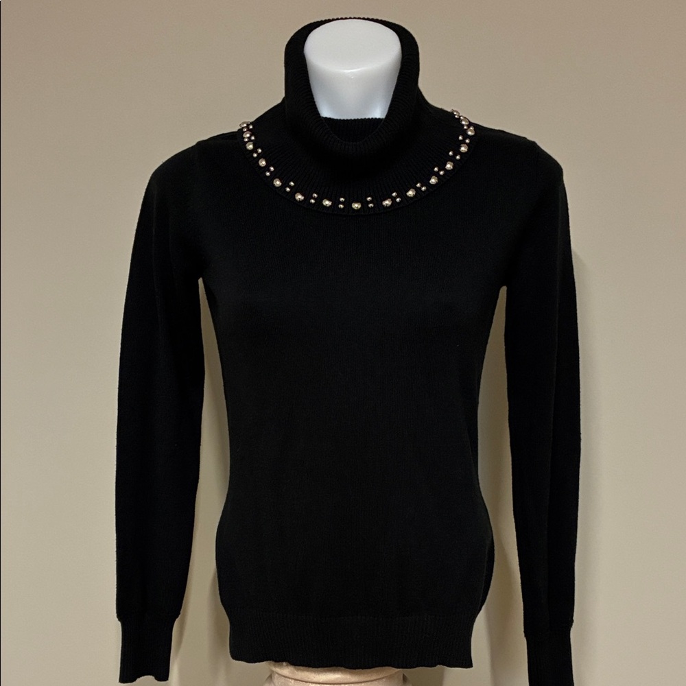 Elegant Black Turtleneck Sweater with Silver Embellishments; Festive; Size: XS